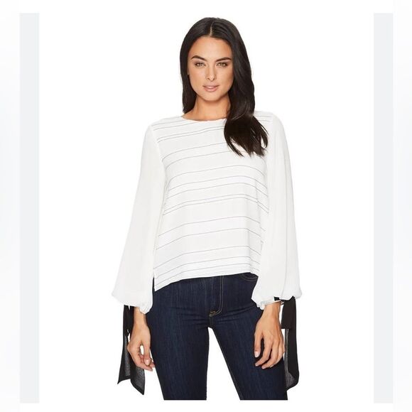 Vince Camuto Women's Tie Bow Bubble Sleeve Sheer Stripe Blouse Small White/Black - Picture 1 of 9